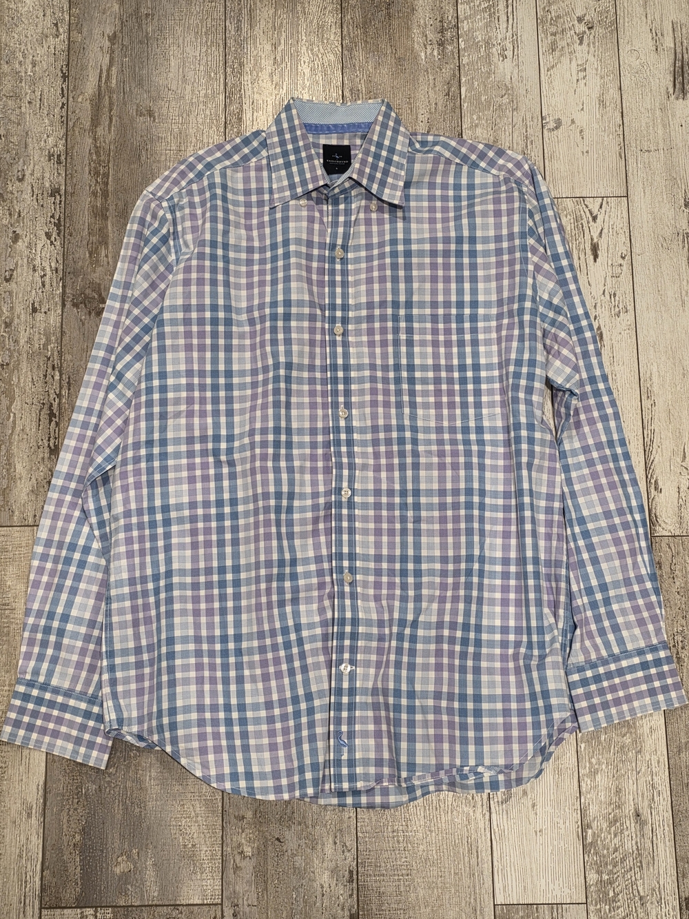 (L) Men's Tailorbyrd Casual Button-Down Shirt Collared Purple Blue Plaid 2 Ply